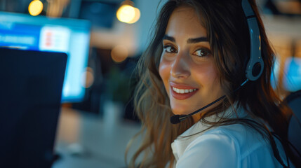 Wall Mural - Portrait of a young woman in a headset working at a desk in the office. Beautiful employee working in a call center in a modern office.