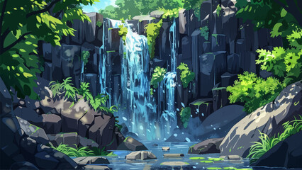 Wall Mural - Huge Waterfall Black Volcanic Stone Bright Greenery Cartoon Environment Adventure Mobile Game Fantasy Landscape Illustration Natural Wonder Exploration