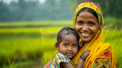 Wall Mural - Happy Indian woman with a child in an agricultural field at sunset. Cute mother and son spend time together outdoors.