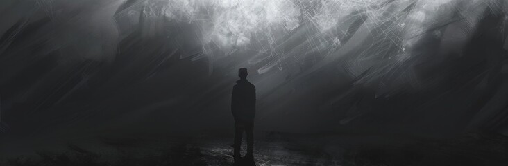 Wall Mural - I am the darkness . Silhouette of a man stood in a tunnel, Dark gray cement scratches for the background. Foggy black cement. Shabby dark walls