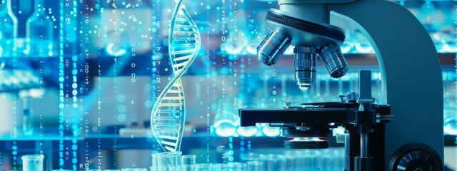 Wall Mural - microscope and dna double helix. concept of scientific and medical genetic research, research medica
