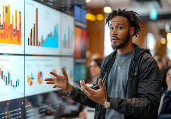 a man standing in front of a computer screen.