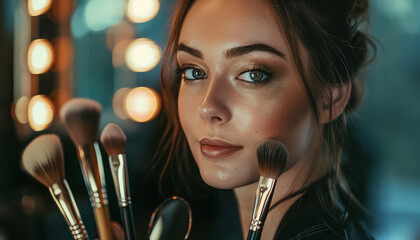 A woman is holding a bunch of makeup brushes in her hand