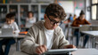 © Maksym - A visually impaired student using a braille reader and a tablet with text-to-speech technology in a modern classroom setting