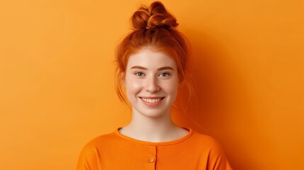 A woman with red hair and a bright orange shirt is smiling at the camera. The orange background and the woman's bright smile create a cheerful and warm atmosphere