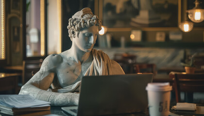 Wall Mural - A statue of a man is sitting at a table with a laptop and a cup of coffee