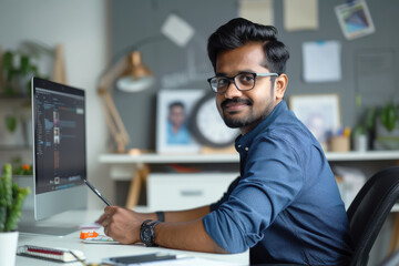 Wall Mural - young indian man working on computer