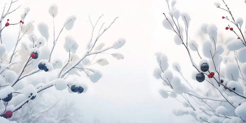 Wall Mural - beautiful winter christmas background with branches and red black berries covered with snow in the f