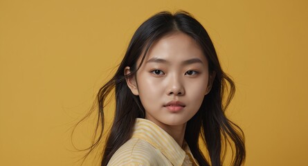 Poster - teen asian girl on plain yellow background model portrait lifestyle hair skin care ad concept copy space