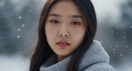 Poster - teen asian girl on winter background model portrait lifestyle hair skin care ad concept copy space