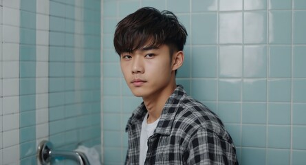 Poster - teen asian guy on bathroom background model portrait lifestyle hair skin care ad concept copy space