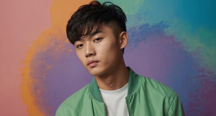 Wall Mural - teen asian guy on plain colorful background model portrait lifestyle hair skin care ad concept copy space