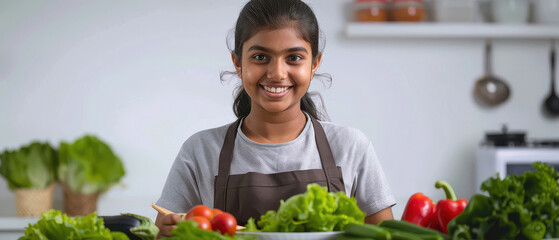 Canvas Print - young indian woman cooking food at kitchen