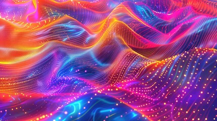 Wall Mural - Abstract gradient hologram with dynamic particle wave, digital technology background, vibrant and futuristic