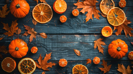 Autumn-themed flat lay with pumpkins, dried oranges, and fallen leaves arranged on a rustic dark wooden surface.