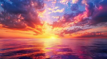 Wall Mural - Beautiful sunset over the sea with dramatic clouds, evening sky filled with vivid colors, showcasing nature's splendor.