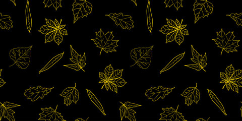 Seamless pattern of yellow contours of leaves on a black background for fabric, wrapping paper, botanical illustration