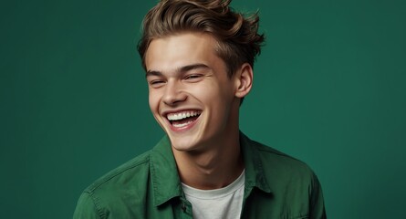 Poster - teen laughing guy on plain green background model portrait lifestyle hair skin care ad concept copy space