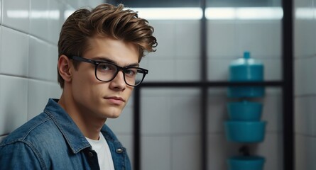 Poster - teen nerd guy on bathroom background model portrait lifestyle hair skin care ad concept copy space