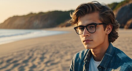 Poster - teen nerd guy on beach background model portrait lifestyle hair skin care ad concept copy space