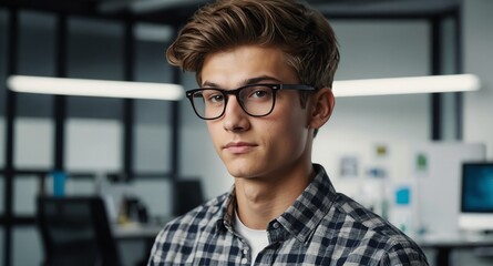 Poster - teen nerd guy on office background model portrait lifestyle hair skin care ad concept copy space