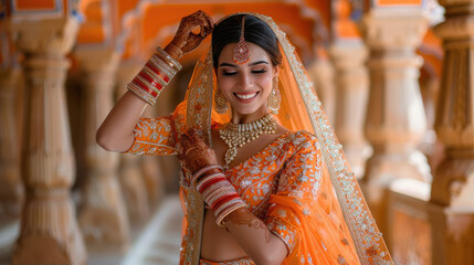 Canvas Print - young indian woman wearing traditional orange lehanga