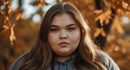 Poster - teen obese girl on autumn background model portrait lifestyle hair skin care ad concept copy space