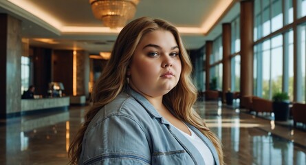 Sticker - teen obese girl on hotel lobby background model portrait lifestyle hair skin care ad concept copy space