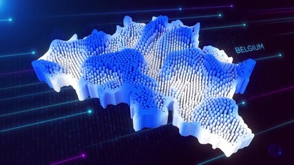 Wall Mural - digital motion 3d perspective dynamic rippling map of belgium in blue and white, set against dark fu
