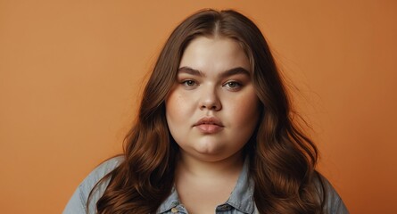 Poster - teen obese girl on plain orange background model portrait lifestyle hair skin care ad concept copy space