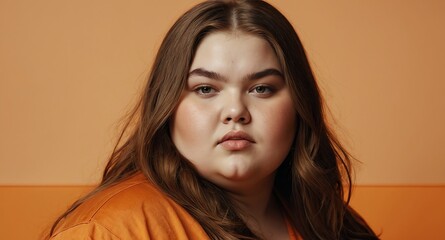 Poster - teen obese girl on plain orange background model portrait lifestyle hair skin care ad concept copy space