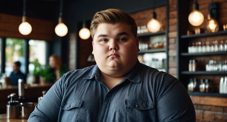 Wall Mural - teen obese guy on cafe background model portrait lifestyle hair skin care ad concept copy space