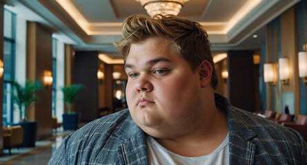 teen obese guy on hotel lobby background model portrait lifestyle hair skin care ad concept copy space