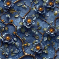 Wall Mural - Blue Floral Tapestry with Golden Accents