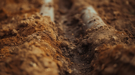 close-up of two parallel pipelines partially buried in soil, with a textured focus on the earth surr