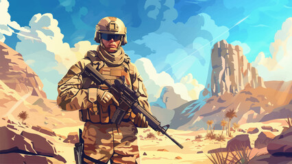 Soldier in Desert Cartoon Environment Adventure Mobile Game Military Action Scene Desert Warfare Illustration Army Troops Camouflage Uniform