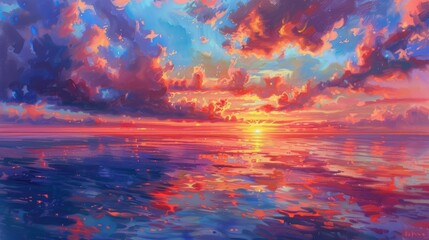 Wall Mural - Evening sky with dramatic clouds over the sea, capturing a dramatic sunset with vibrant colors and reflections on the water