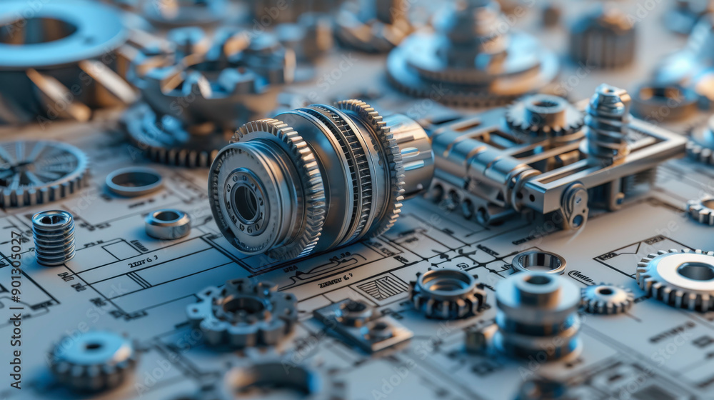 An array of mechanical parts and gears lie scattered over engineering ...