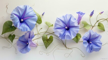 Poster - Delicate Blue Morning Glories on White Background