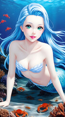 Wall Mural - Anime mermaid with blue hair, in a blue swimsuit at the bottom of the sea among corals and crabs