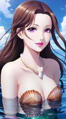 Anime mermaid with brown dark hair, purple eyes, and a necklace of shells