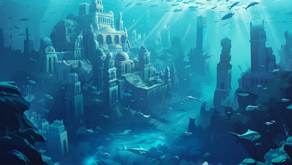 submerged city of atlantis swarms fish swimming cartoon environment adventure mobile game underwater