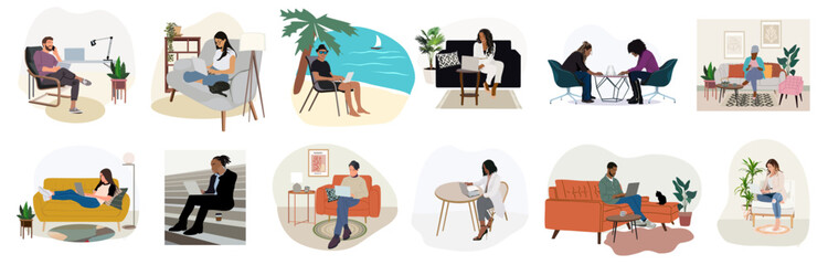 Diverse Freelance people work in comfortable conditions, from home, on the beach, in comfortable workplace. Remote work, self employed concept. Flat cartoon Vector realistic illustrations set.