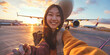 © Aigo labs - asian woman. A young woman smiles brightly as she takes a selfie in front of an airplane at an airport during sunset.