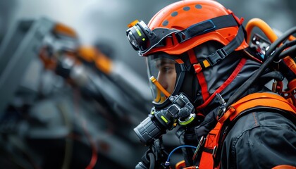 Dramatic portrait of a firefighter with hydraulic rescue equipment in action, emphasizing the precision and power of tools used for extricating victims