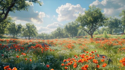 Poster - Sunlit Meadow with Poppy Flowers