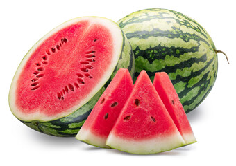 Wall Mural - Round striped watermelon and watermelon slices isolated on white background.