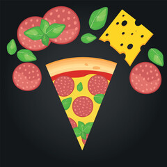 Wall Mural - Pizza vector image. Fast food concept. Food for cafe and restaurant. Element for your website design, banners and advertising. Dough, cheese, sauce