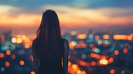 Wall Mural - A woman is standing in front of a city skyline at sunset. The sky is filled with a warm orange glow, and the city lights are twinkling in the distance. The woman is lost in thought