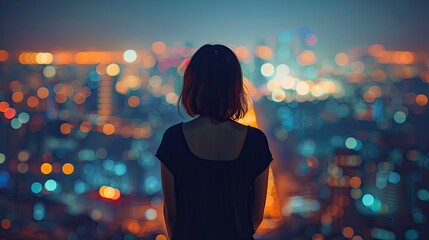 Wall Mural - A woman is standing in the city at night, looking out over the skyline. The city lights are bright and colorful, creating a sense of wonder and awe. The woman is lost in thought